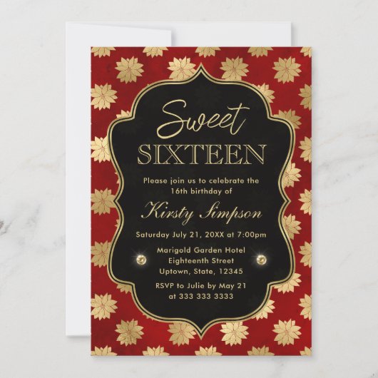 赤とエレガント金ゴールドウィンターポインセチア甘い16 招待状 (正面)