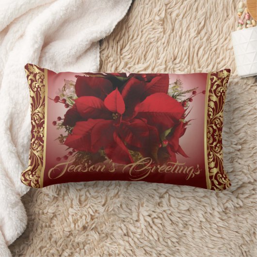 赤とエレガント金ゴールドクリスマスポインセチア ランバークッション (ブランケット)