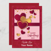 赤とエレガント金ゴールドハートバレンタインデーデザイン シーズンカード (正面/裏面)