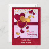 赤とエレガント金ゴールドハートバレンタインデーデザイン シーズンポストカード (正面/裏面)