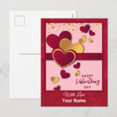 赤とエレガント金ゴールドハートバレンタインデーデザイン シーズンポストカード (正面/裏面)