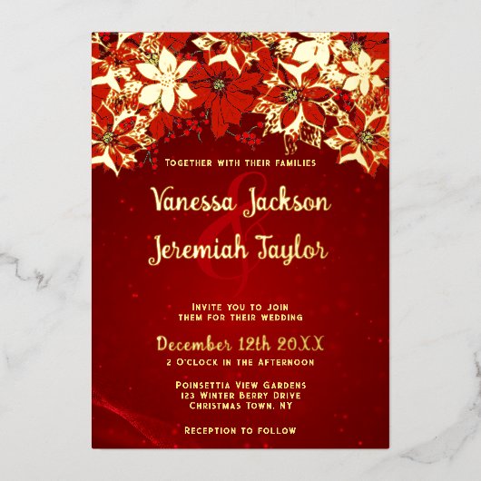 赤とエレガント金ゴールドポインセチア結婚ズ 箔招待状 (正面)