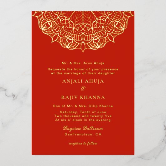 赤とエレガント金ゴールドマンダラインディアン結婚ズ 箔招待状 (正面)
