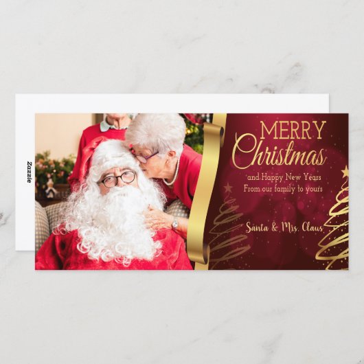 赤とエレガント金ゴールドメリークリスマスフォトカード シーズンカード (正面/裏面)