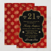 赤とエレガント金ゴールド冬の雪片誕生日 招待状 (正面/裏面)