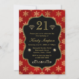 赤とエレガント金ゴールド冬の雪片誕生日 招待状
