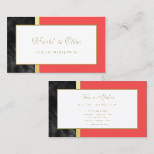 赤とエレガント黒の大理石金ゴールドスクリプトブティック 名刺 (正面/裏面)