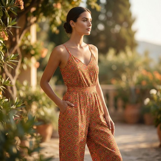 赤とオレンジのオリエンタルボホ幾何学模様 ファブリック