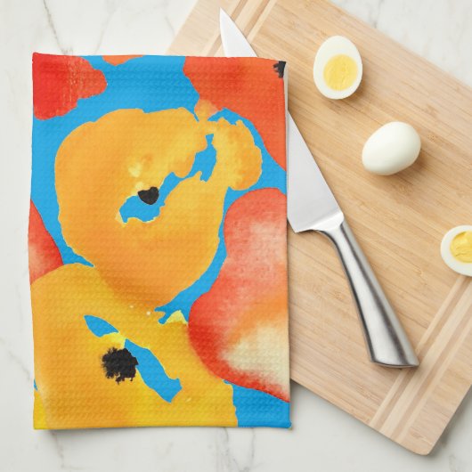 赤とオレンジのケシのフローラ キッチンタオル (四つ折り)