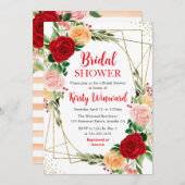 赤とオレンジのバラと金ゴールドフレームブライダルシャワー 招待状 (正面/裏面)