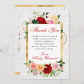 赤とオレンジのバラ花ゴールドフォイル誕生日 サンキューカード (正面/裏面)