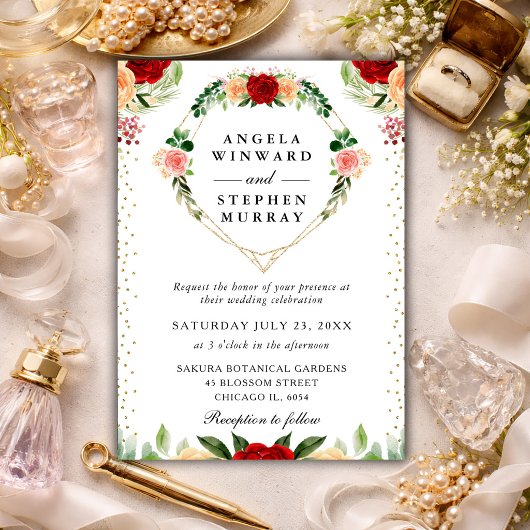 赤とオレンジのバラ花ハート結婚リース 招待状