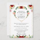 赤とオレンジのバラ花ハート結婚リース 招待状 (正面)