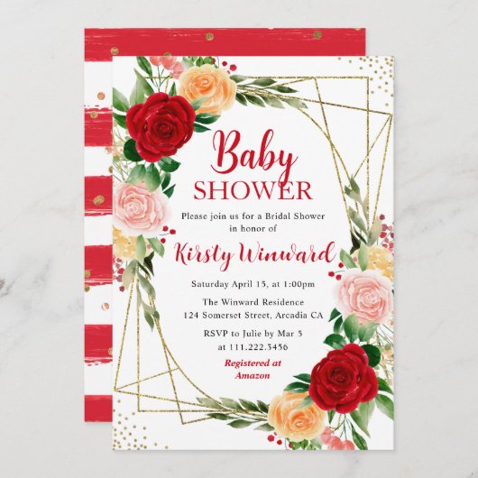 赤とオレンジのバラ&金ゴールドフレームベビーシャワー 招待状 (正面/裏面)