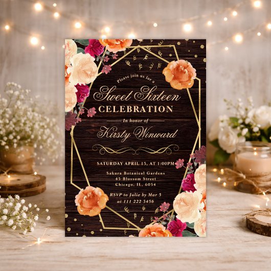 赤とオレンジの秋の花フレーム スイート16 招待状