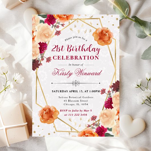 赤とオレンジの秋の花フレーム 誕生日 招待状