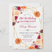 赤とオレンジの秋の花フレーム 誕生日 招待状 (正面)