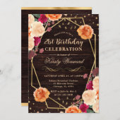 赤とオレンジの秋フラワーフレーム誕生日 招待状 (正面/裏面)