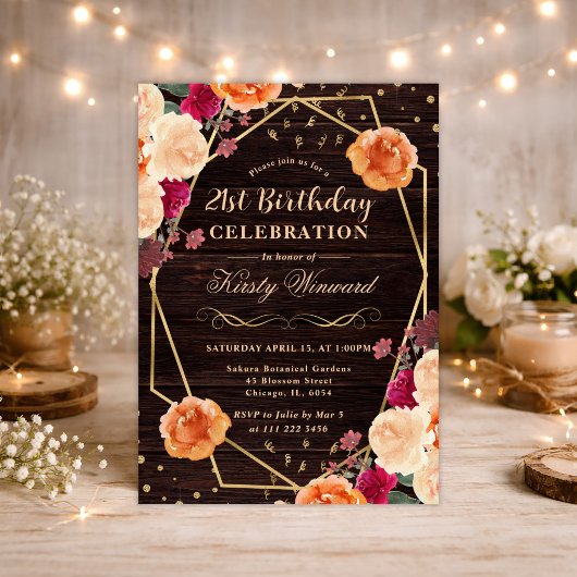 赤とオレンジの秋フラワーフレーム誕生日 招待状