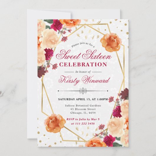 赤とオレンジの秋花フレーム甘い16 招待状 (正面)