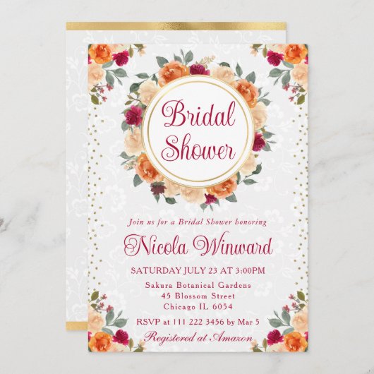 赤とオレンジの秋花リースブライダルシャワー 招待状 (正面/裏面)