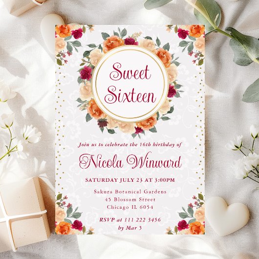 赤とオレンジの秋花リース甘い16 招待状