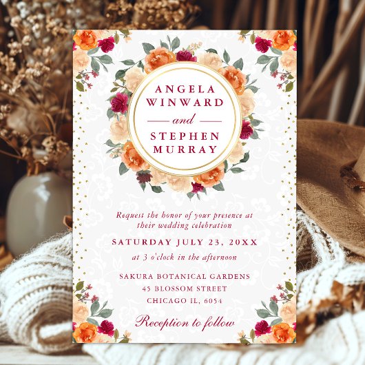 赤とオレンジの秋花リース結婚の 招待状