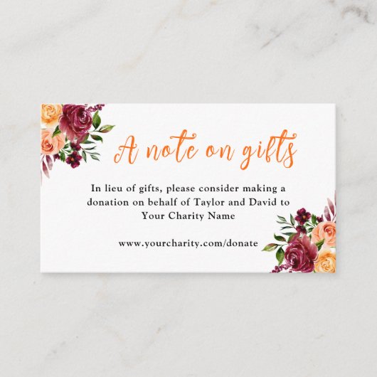 赤とオレンジの結婚花は贈り物のメモ エンクロージャーカード (正面)