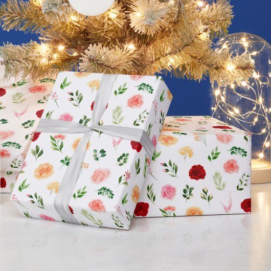 赤とオレンジの花と葉の模様 ラッピングペーパー (クリスマス)