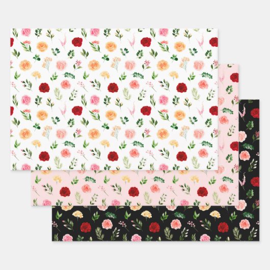 赤とオレンジの花の葉模様 ラッピングペーパーシート (セット)