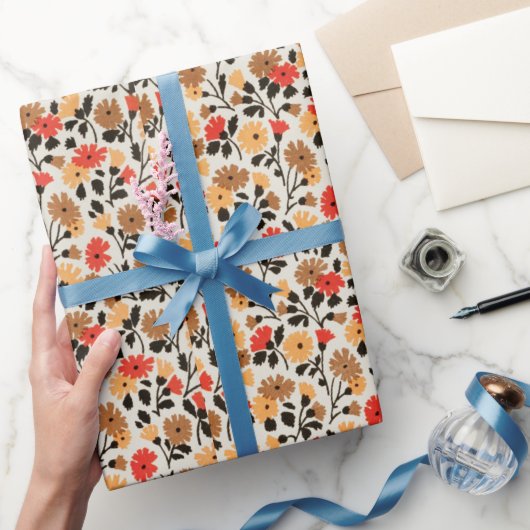 赤とオレンジの花柄ラッピング紙 ラッピングペーパー (ギフト)