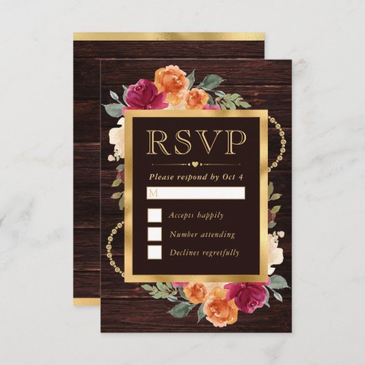 赤とオレンジの金ゴールド枠結婚の花 出欠カード (正面/裏面)