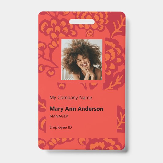 赤とオレンジ鮮やかと花はっきりした柄 バッジ (表面)