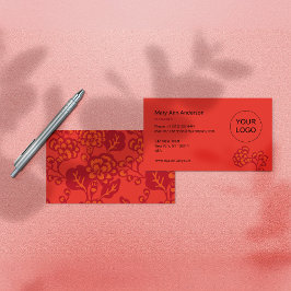 赤とオレンジ鮮やかと花はっきりした柄 名刺