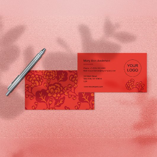 赤とオレンジ鮮やかと花はっきりした柄 名刺