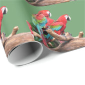 赤とカラフル緑のパロッツの休日クリスマス ラッピングペーパー (ロールコーナー)