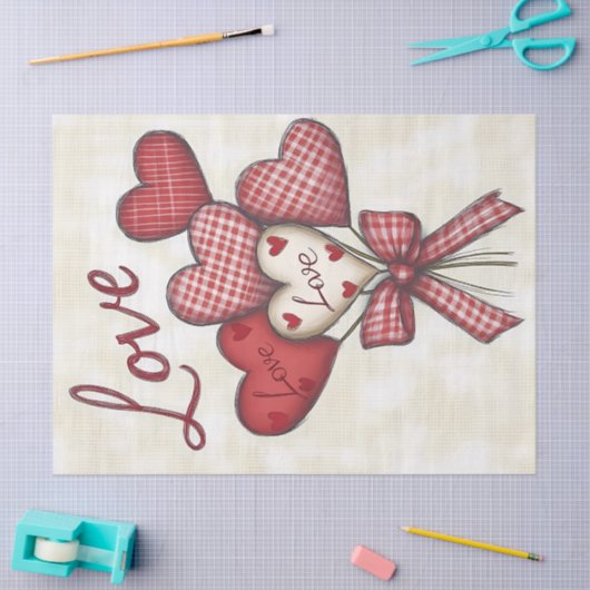 赤とギンガムラブハートブーケの切り離し 薄葉紙 (クラフト)