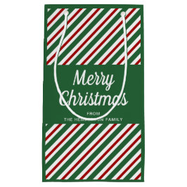 赤とクラシック緑のクリスマスストライプを楽しむ スモールペーパーバッグ