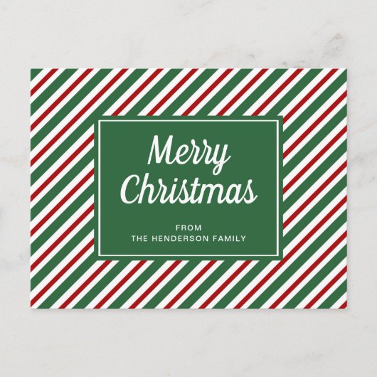 赤とクラシック緑のクリスマスストライプを楽しむ ポストカード (正面)