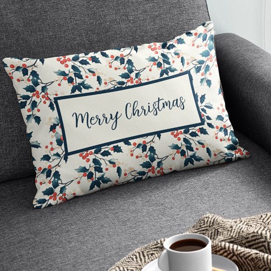赤とクラシック緑のホリーベリーのクリスマス ランバークッション