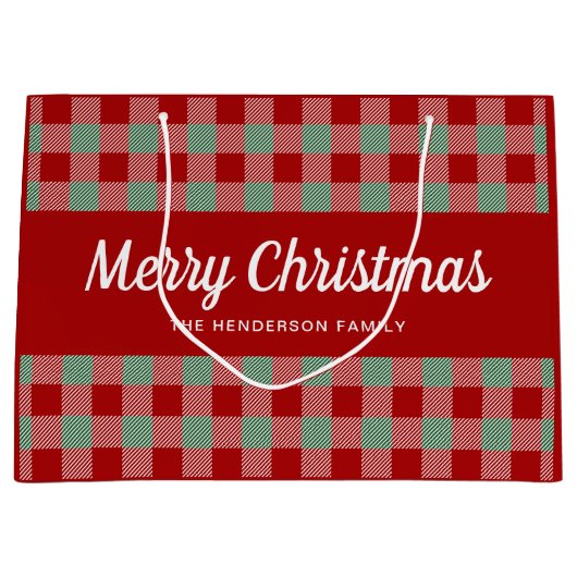 赤とクラシック緑の格子模様のクリスマス ラージペーパーバッグ (正面)
