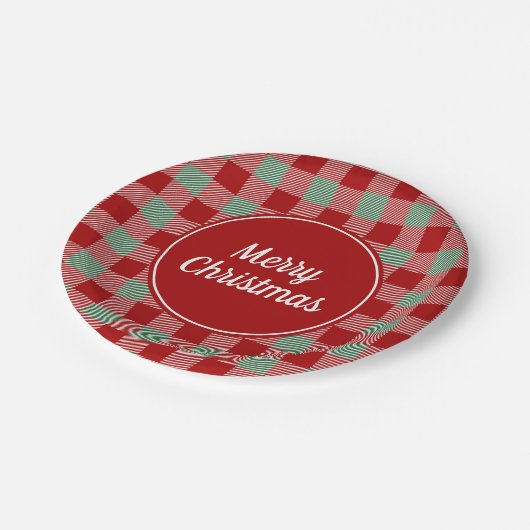 赤とクラシック緑の格子模様の陽気なクリスマス ペーパープレート (アングル)