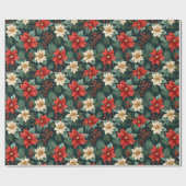 赤とクリームのポインセティアスとベリー ラッピングペーパー (フラット)