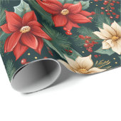 赤とクリームのポインセティアスとベリー ラッピングペーパー (ロールコーナー)