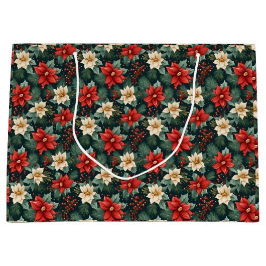 赤とクリームのポインセティアスとベリー ラージペーパーバッグ (正面)
