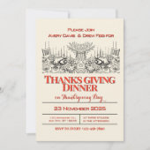 赤とクリームのヴィンテージ感謝祭ディナー 招待状 (正面)