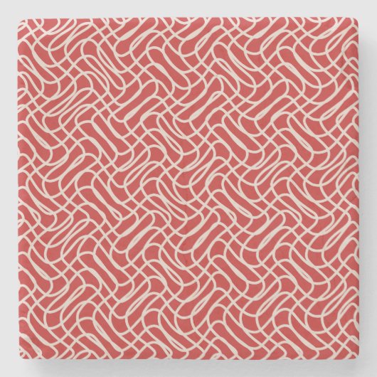 赤とクリームの抽象芸術線パターン ストーンコースター (正面)