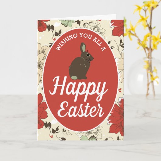 赤とクリームの花柄ウサギイースターエッグ, イースター カード (黄色い花)