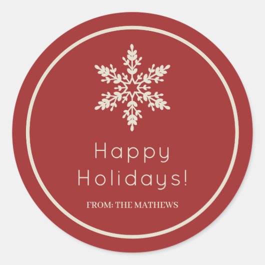 赤とクリームの雪の結晶 ハッピーホリデー クリスマス ラウンドシール (正面)