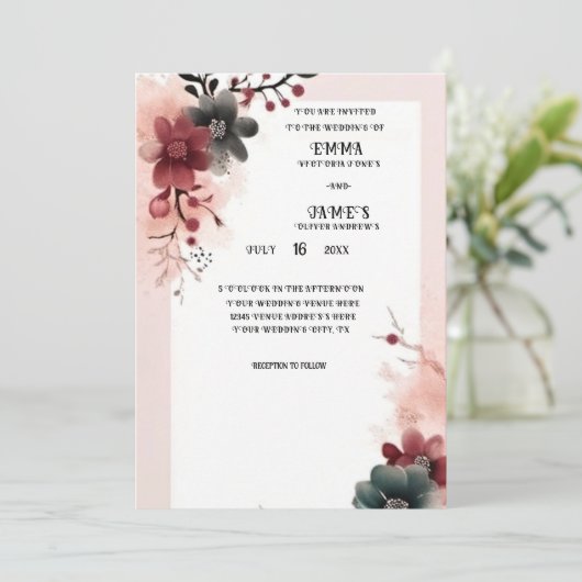 赤とクリームエレガントのフローラ結婚の 招待状 (スタンド正面)